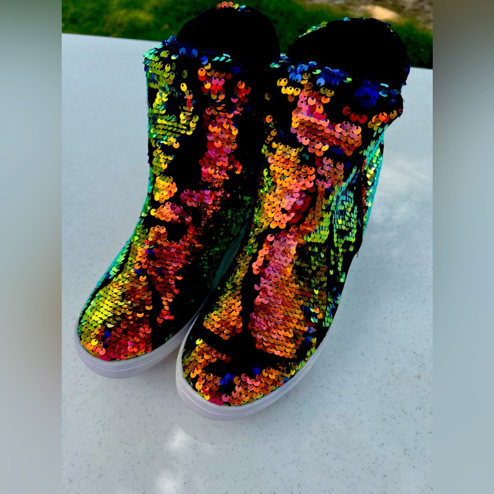 Orange Sequin Cape Robbin Wedge Sneakers